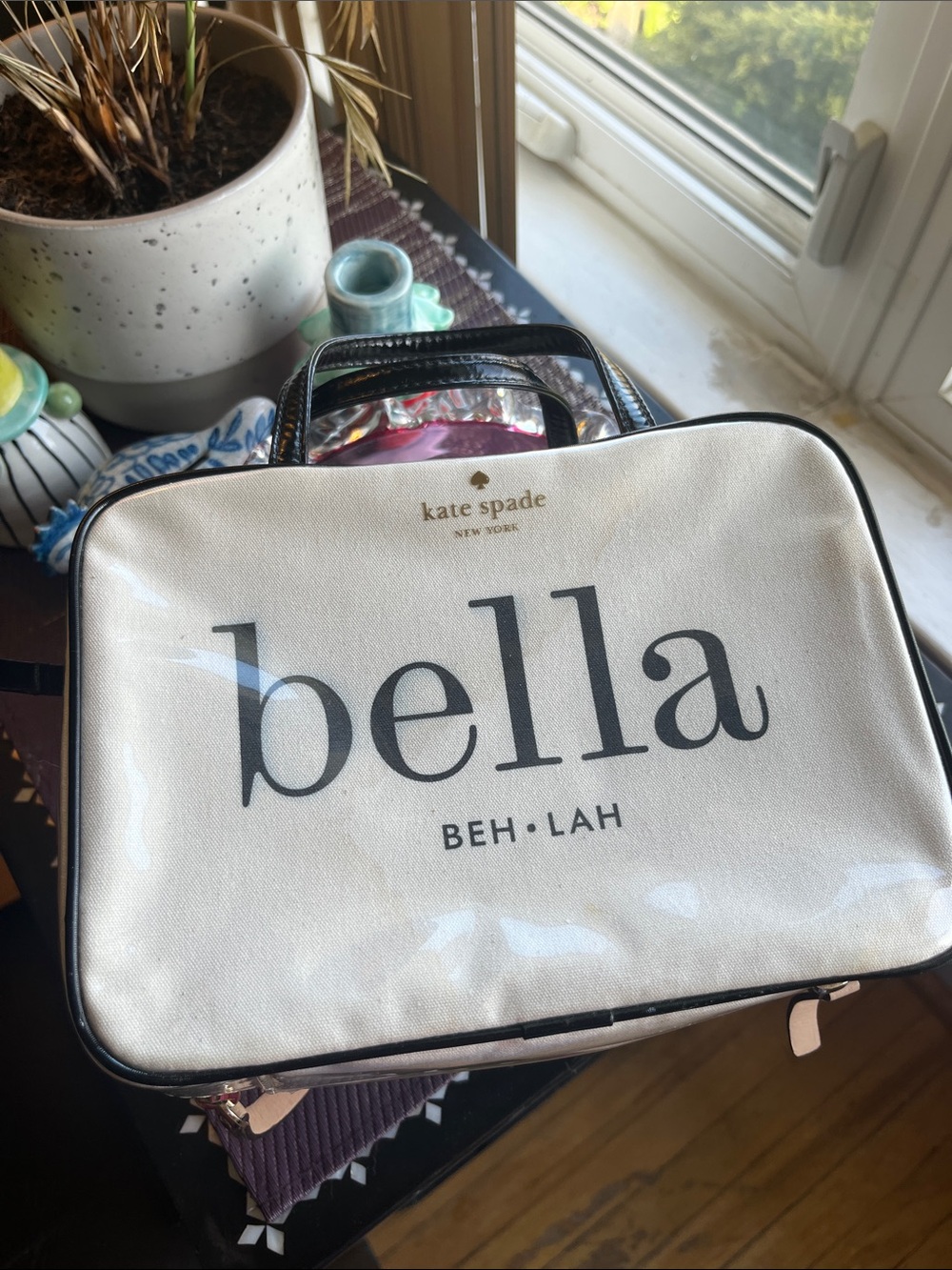 kate spade White and Black "bella" Canvas Cosmetic Case